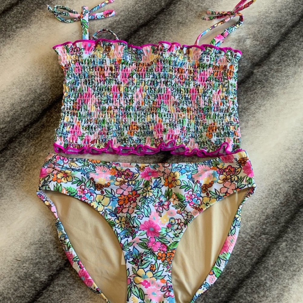 Girls Floral Smocked Tankini Bikini Set - Pink Multi